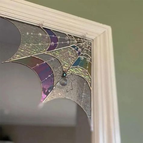 Tela, Hanging Door Decorations, Bedroom Halloween Decor Ideas, Whimsical Goth Home Decor, Stained Glass Cobweb, Enchanted Room Decor, Witch Apartment Decor, Window Crystals Hanging, Whimsy House Decor