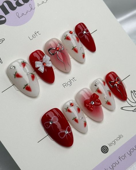 𐙚˙⋆.˚ ᡣ𐭩 Strawberry Coquette #coquettenails #bownails #auranails #pressonnails #chromenails #valentinenails | Instagram Itzy Nails, Red Nails Art, Strawberry Coquette, Strawberry Cute, Nails Nail Art Designs, Henna Nails, Fake Nails Designs, White Strawberry, Asian Nails