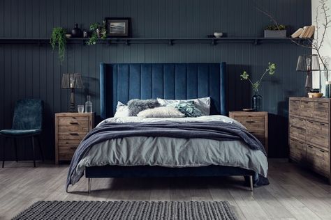 Reclaimed Bedroom Furniture, Modern Bedframe, Black Headboard Bedroom, Blue And Cream Bedroom, Modern Upholstered Beds, Velvet Bedroom, Blue Headboard, Velvet Bed Frame, Black Bed Frame