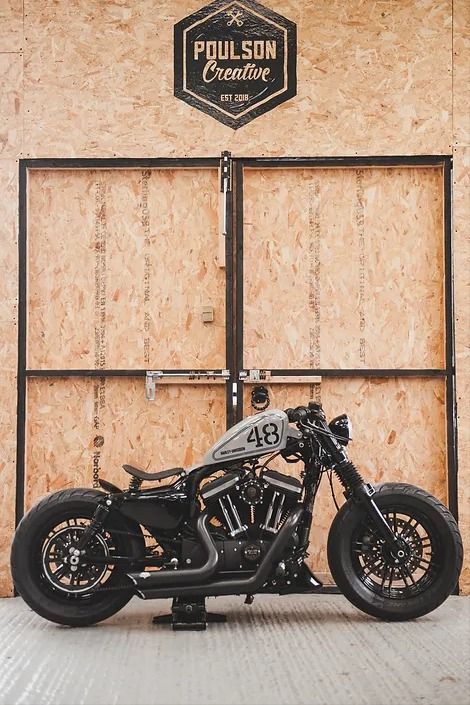 HD Sportster Bobber ‘Gloss grey 48’ by Poulson Creative Hd 48 Forty Eight, Harley Sportster Custom, Harley Sportster Bobber, Harley Sportster 48, Sportster Scrambler, Harley Davidson Bobber, Harley 48, Motorcycle Harley Davidson, Motos Bobber