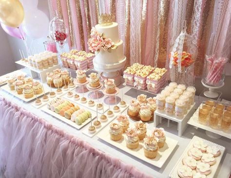 Sweet Table For Birthday, Dessert Table Ideas Pink And Gold, Pink White And Gold Candy Table, Pink Gold Birthday Decorations, Gold And Pink Dessert Table, Pink N Gold Birthday Party, 1st Birthday Snack Table, Pink And White Birthday Party Ideas Decoration, Pink Birthday Snack Table