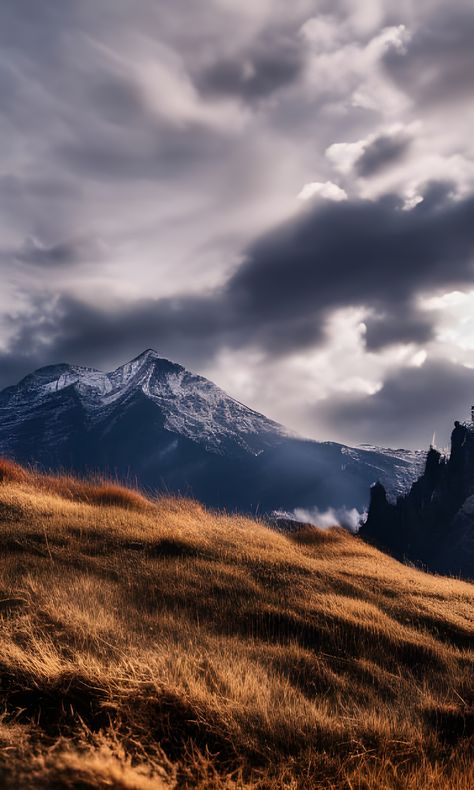 Mountains against the stormy sky Nature, Stormy Mountains, Rugged Aesthetic, Landscape References, Rugged Landscape, Dramatic Landscape, Building Inspiration, Mountain Sky, Dark Landscape