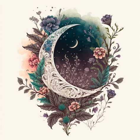 Photo floral crescent moon | Premium Photo #Freepik #photo #crescent #luna #crescent-moon #moon-illustration Moon Design Art, Floral Crescent Moon, Dreamcatcher Drawing, Crescent Moon Art, Moon Stars Art, Celestial Tattoo, Moon Artwork, Jewel Tattoo, Moon Dreamcatcher