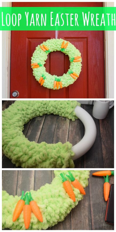 Need to make a new wreath this Easter holiday? This is a super simple and quick Loop Yarn Easter Wreath with carrot decorations from the dollar store! It will take you less than 15 minutes from start to finish! #diy #crafts #wreaths #easter #loopyarn Amigurumi Patterns, Loop It Yarn Wreath, Easter Yarn Wreath, Diy Easter Wreaths For Front Door, Dollar Tree Easter Wreath Diy, Loop Yarn Wreaths, Yarn Wreath Diy, Dollar Store Easter Crafts, Loop Yarn Wreath