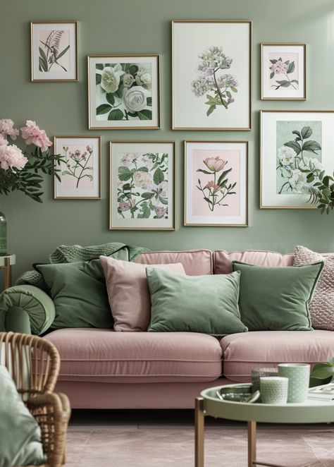 Pink And Green Entryway, Pink And Green Vintage Bedroom, Green And Pink Apartment Aesthetic, Pink Elegant Room Ideas, Peach And Green Bedroom Ideas, Vintage Pink And Green Bedroom, Pink And Green Lounge, Green And Pink Salon, Pink And Green House Decor