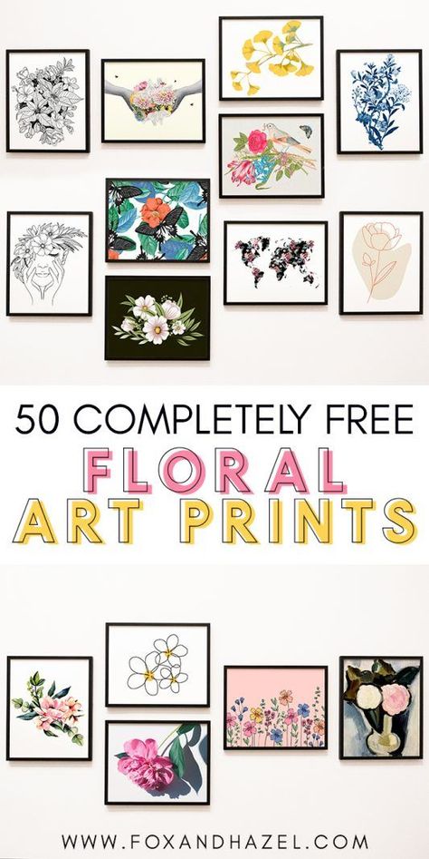 Looking for some unpredictable floral wall art prints for your home? Find 50 of the best most unique and gorgeous free floral printables in one spot! #freeprintable #freefloralprintable #freewallart #freefloralart #floralartprint Free Print Out Wall Art, Flower Art Printable, Office Wall Art Printable, Floral Wall Collage, Free Printable Flower Wall Art, 4x6 Printable Wall Art Free, Kitchen Printables Free Prints Wall Art, Printable Floral Wall Art, Floral Art Prints Free Printables