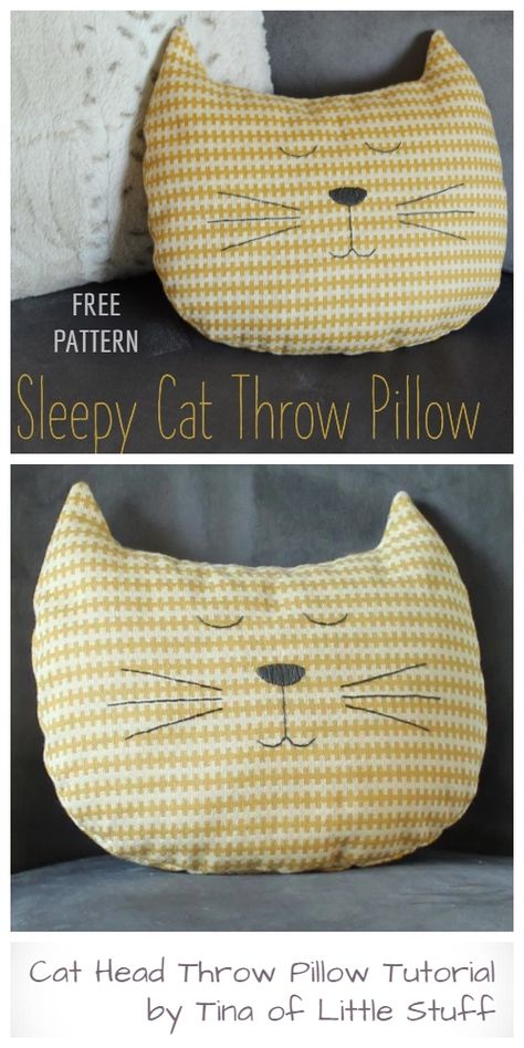 DIY Cat Head Throw Pillow Free Sewing Patterns & Tutorials Cat Pillows To Sew, Cat Cushion Pattern, Cat Head Pillow Pattern, Cats Sewing Projects, Fabric Cats To Sew, Quilted Cat Pattern, Cute Pillow Sewing Patterns, Quilted Cat Pillow, Fabric Cat Doll Pattern Free