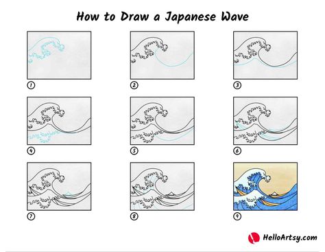 The Great Wave Off Kanagawa Drawing, The Great Wave Drawing, Drawing Waves Tutorial, How To Draw A Wave Step By Step, How To Draw Japanese Waves, Japanese Wave Drawing, Tsunami Waves Drawing, Japanese Sea Art, How To Draw Waves Easy