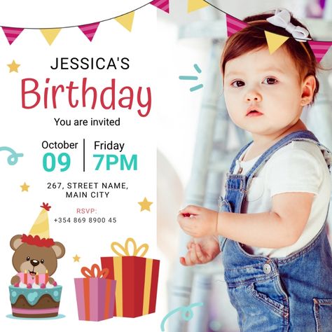 Free Birthday Templates Invitations, 1st Birthday Invitation Template Free Editable, Bday Invitation Cards For Kids, Invitation Card Design Birthday Kids, Invitation Card Design For Birthday, Birthday Card Invitation Templates, 1st Birthday Invitation Card Template, Bday Invitation Cards, First Birthday Invitation Card Template