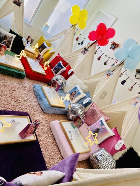 Mariah's Eras Tour | CatchMyParty.com Taylor Swift Themed Sleepover Ideas, Eras Tour Birthday Party, Birthday Taylor Swift, Swiftie Birthday, 12th Birthday Party Ideas, Birthday Sleepover Ideas, Bday Stuff, Swift Party, Taylor Swift Birthday Party Ideas