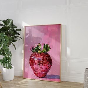 Disco Strawberry, Disco Fruit, Coquette Wall Art, Disco Ball Print, Girly Preppy, Art Disco, Strawberry Art, Retro Disco, Girly Decor