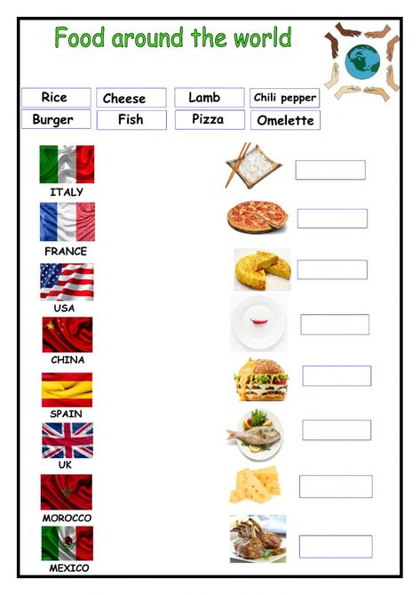 Food around the world online worksheet Food Games For Adults, Food Around The World Worksheet, Food Around The World For Kids, Food Around The World Activities, Around The World Worksheets, International Food Day, Lamb Chili, Foods Of The World, Foods Around The World