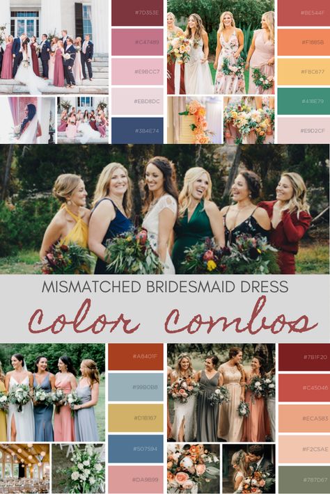 DON'T MISS THESE GORGEOUS MIX & MATCH COLOR PALETTE COMBOS! When it comes to bridesmaid dresses, there's a reason why bridesmaids have historically dreaded the bride's dress choice. It's extremely hard to find ONE dress that all your bridesmaids will love/will flatter their body type. That's why I'm so glad the trend has shifted and the days of requiring bridesmaids to wear the exact same dress is long gone. #bridesmaids #bridesmaidsdresses #wedding #weddingplanning #weddingdress #colorpalette Bridesmaids Dresses Multicolor, Wedding With Different Color Bridesmaid Dresses, Color Palette For Bridesmaid Dresses, Mismatched Bridesmaid Dresses Color Palette, Bridesmaid Swatches Color Palettes, Bridesmaids Dresses Mix And Match, Fall Multi Colored Bridesmaid Dresses, Bridemaids Dresses Mismatched Different Styles, Boho Bridesmaid Dress Mismatched Summer