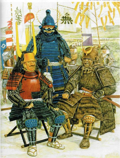 Three generals of Toyotomi Hideyoshi during the Kyushu campaign, 1587. Toyotomi Hideyoshi, Sengoku Jidai, Medieval Japan, Utagawa Kuniyoshi, Arte Ninja, Samurai Artwork, Ancient Warfare, Japanese Warrior, Historical Armor