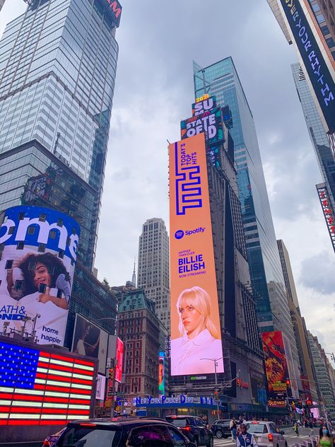 New York Rap Aesthetic, City Billboard Aesthetic, Time Square New York Billboards, Billboard Times Square, Nyc Billboard Aesthetic, Billboard Signs Aesthetic, Billboards Aesthetic, Time Square Aesthetic, Billie Eilish Billboard