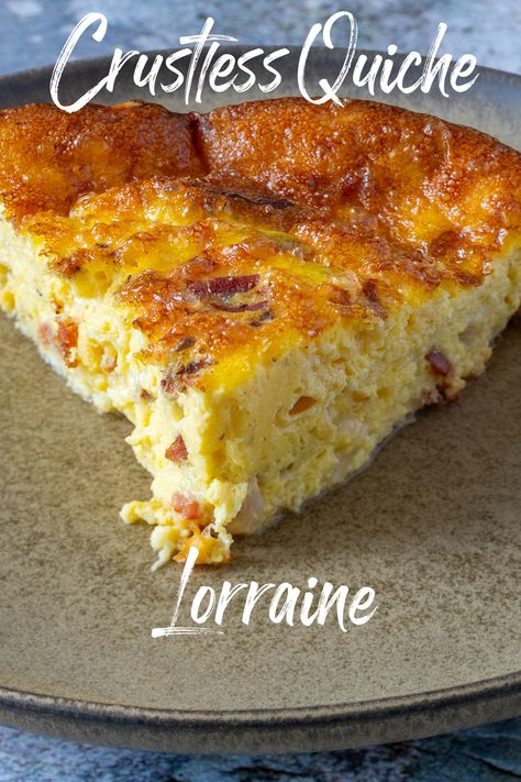 Crustless Quiche Lorraine, a low-carb version of the classic dish, is made with a rich egg custard, bacon, onions and gruyere cheese. You will never miss the crust. Lorraine, Quiche, Bacon And Egg Quiche, Crustless Quiche Lorraine, Quiche Recipes Crustless, Quiche Lorraine Recipe, Breakfast Quiche Recipes, Quiche Recipes Easy, Egg Custard