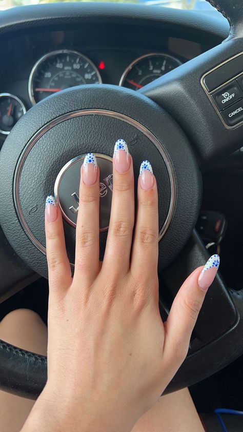 Europe Acrylic Nails, Nails For France Trip, Mediterranean Blue Nails, Graduation Gel Nails, White Nails Blue Design, Nail Ideas Acrylic Almond, Europe Nails Travel, Cute Design Nails, Nails For Europe Trip