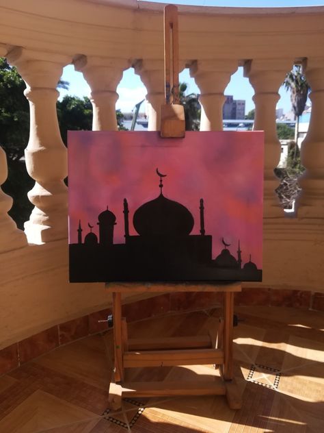 #ramadan #ramadannight #mosque #pink #orange #canvas #oilpainting Ramadan Special Painting, Tela, Ramzan Painting Ideas, Masjid Painting Islamic Art, Ramadan Paintings Easy, Ramadan Canvas Painting Ideas, Eid Canvas Painting, Mosque Painting Easy, Islamic Paintings Easy