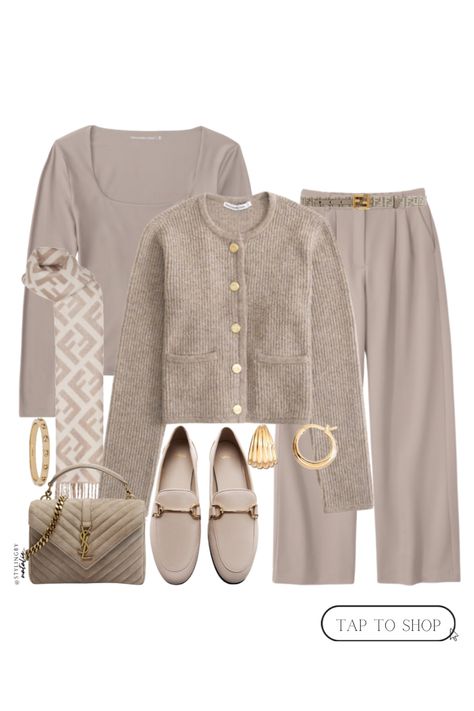 Winter work outfit inspo- Taupe tuckable square neck top, tailored trousers, ribbed knit collarless cardigan with gold buttons, Fendi belt & Scarf, loafers, YSL suede college bag & gold jewellery. Neutral outfit, work wear, office outfit, work outfits, smart casual chic Taupe Cardigan Outfit, Taupe Bag Outfit, Work Outfits Smart Casual, Preppy Work Outfits Women, Fendi Outfits Women, Smart Casual Chic, Fendi Outfits, Preppy Work Outfit, Ysl Suede
