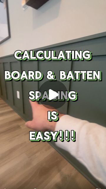 Jake From Upstate Farm on Instagram: "Easiest way to calculate board and batten spacing! #diy #homemakeover #boardandbatten #fyp #accentwall #kitchendesign #sherwinwilliams #pewtergreen #budgetdiy #howto #lifehacks #calculator @sherwinwilliams" Board And Batten Wall Living Room Decor, Diy Board And Batten Dining Room, Board And Batten Wall Vs Shiplap, Board And Batten Height Hallway, Board And Batten Wall Layout, Board And Batten Diy Bedroom, Foyer Ideas Entryway Board And Batten, Height For Board And Batten, Board And Batten Kitchen Cabinets