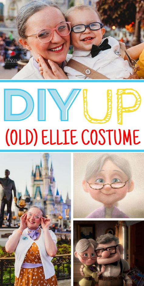 This DIY Ellie Up Costume is simple and cute! Find out how to make it here, along with other Family Up Costumes. Ellie From Up Costume, Disney Up Costume Ideas, Up Movie Costume Ideas, Ellie Up Costume, Family Diy Costumes, Carl And Ellie Costume, Up Family Costumes, Up Movie Costume, Family Disney Costumes