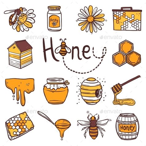Honey hand drawn decorative icons set with beehive wax cell flying bee isolated vector illustration. Editable EPS and Render in JP Buku Diy, Honey Art, Drawn Icons, Zestaw Ikon, Free Icon Set, Motif Art Deco, Hand Drawn Icons, Bullet Journal Themes, Bullet Journal Writing
