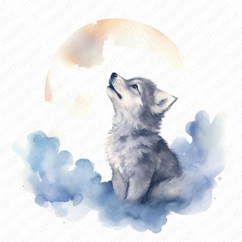 Wolf Watercolor Clipart, Nursery Decor, Wolf on Cloud, Cute Baby... Cute Wolf Illustration, Wolf Watercolor, Cute Wolf, Animal Wolf, Watercolor Wolf, Animal Parade, Wolf Painting, Baby Wolf, Watercolor Designs