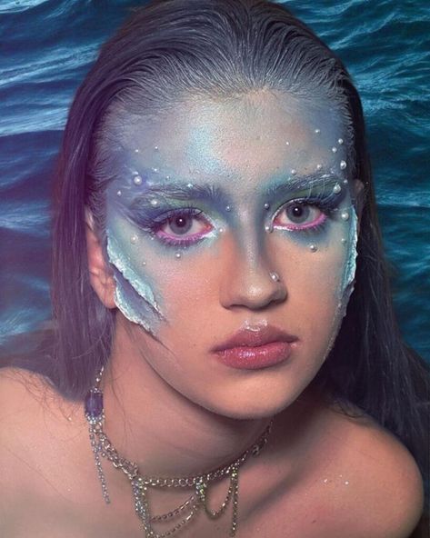 Sea Maid Mermaid Makeup Looks Sfx Mermaid Makeup, Fishnet Makeup Mermaid, Fantasy Mermaid Makeup, Water Themed Makeup Look, Mermaid Make Up Halloween, Soft Mermaid Makeup, Mermaid Prosthetic Makeup, Kraken Makeup, Soft Mermaid Aesthetic