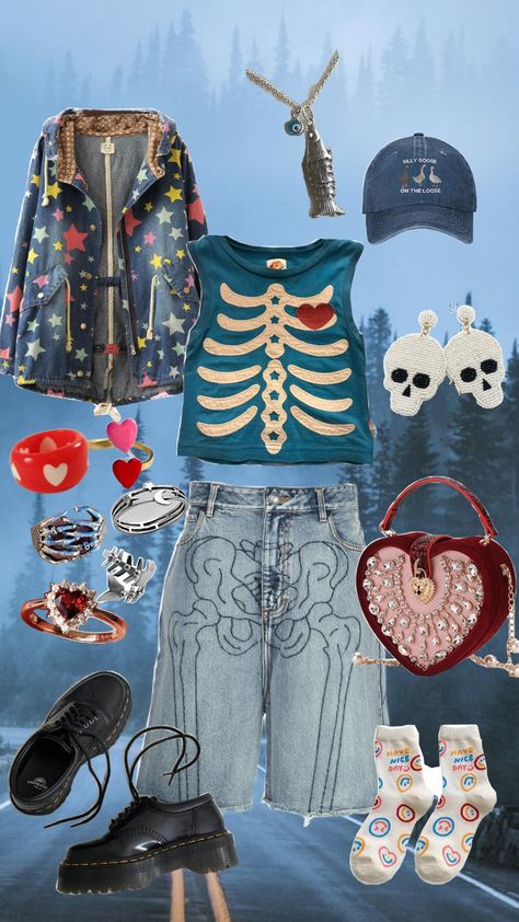 #outfits #ootd #goth #alt #skeletonfit #dreamoutfit #skater #enby Skatercore Outfits, Colorful Alternative Outfits, Loser Outfits, Colorful Alt Outfits, Highschool Fits, Shifting Outfits, Maximalist Outfits, School Clothing, Skater Outfits