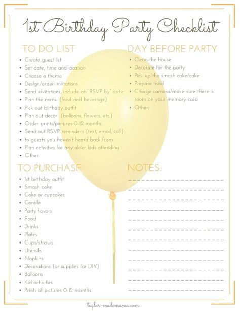 Birthday Party Checklist, Party Planning Guide, Party Planning Checklist, Party Checklist, First Birthday Party Themes, Birthday Party Planning, Birthday Planning, Planning Checklist, Baby 1st Birthday