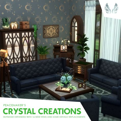 Crystal Creations - Buymode Expanded | Patreon Sims Cc Living Room, Maxis Match Dress, Sims 4 Witch Cc, Sims 4 Witch House, Clutter Decor, Japanese Small House, Crystal Room Decor, Magical Room, Sims Builds