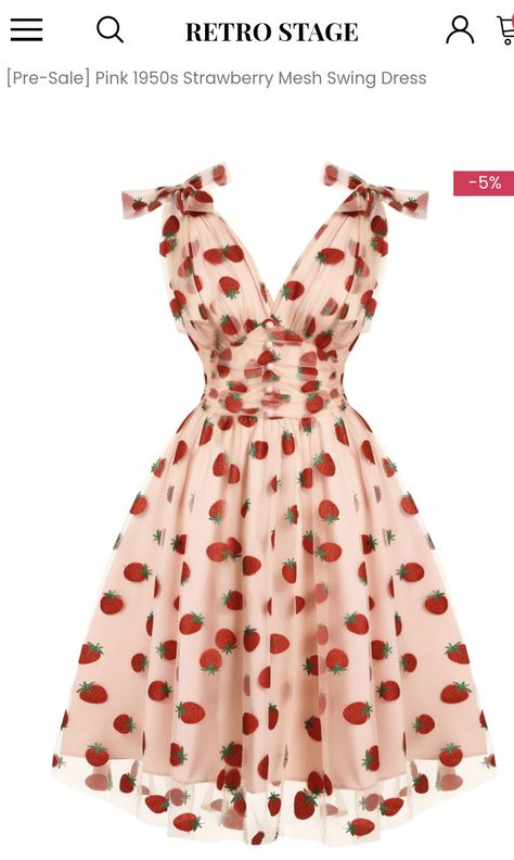 Pink 1950s strawberry mesh swing dress, $59.99 on retro-stage.com Couture, Strawberry Robe, Strawberry Dress Outfit, Strawberry Outfit Aesthetic, Aesthetic Outfits Autumn, Aesthetic Outfits Fall, Strawberry Dresses, Casual Outfit Winter, Autumn Outfits Ideas