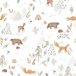 Woodland Baby Boy Blanket, Gender Neutral Nursery Wallpaper Woodland, Woodland Nursery White Crib, Woodland Nursery Ideas Gender Neutral, Whimsical Nursery Woodland, Minimalist Woodland Nursery, Woodland Nursery Curtains, Woodland Nursery Color Scheme, Wildlife Nursery Theme