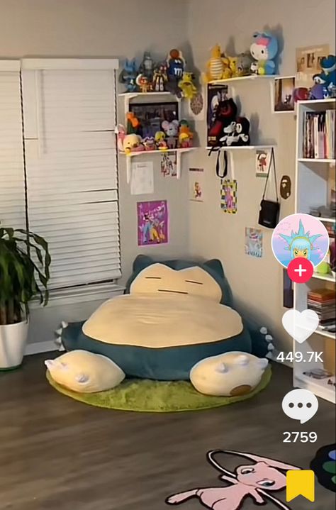 Childish Bedroom Aesthetic, Cartoon Room Ideas, Snorlax Room Decor, Anime Home Decor Ideas, Totoro Furniture, Plushies In Room, Plushie Room Aesthetic, Cute Things To Have In Your Room, Anime Apartment Decor
