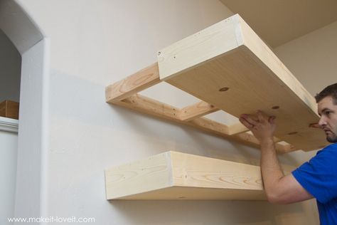 How to Build SIMPLE FLOATING SHELVES (...for any room in the house!) | via Make It and Love It Floating Shelf Plans Living Room, How To Build A Closet In A Room Simple, Floating Shelves On Wood Paneling, 60” Floating Shelves, Wall Length Floating Shelves, Floating Shelf Dimensions, 48 Inch Floating Shelf, Floating Shelves For Heavy Items, Deep Floating Shelves Diy