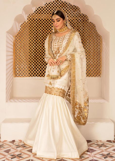 MayaPret - JAHAN ARA – LAAM White Gharara, Gharara Pakistani, Long Kurti Patterns, White Korean, Hand Embellishment, Desi Outfits, New Designer Dresses, Traditional Indian Dress, Summer Wedding Outfits