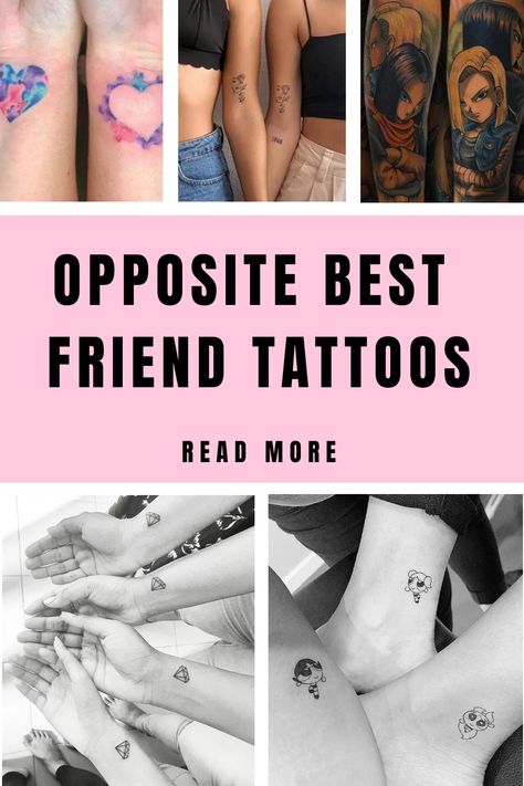 Opposite Best Friend Tattoos Best Friend Non Matching Tattoos, Minimal Tattoo Best Friends, Mandalas, Small Meaningful Best Friend Tattoos, Tattoos For College Friends, Bff Opposite Tattoos, Best Friend Dog Tattoo, Matching Best Friend Finger Tattoos, 444 Friendship Tattoo