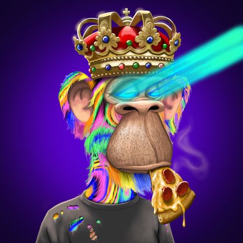 Grandpa Ape with colorful trippy fur, royal crown, blue laser-beams from his eyes, ripped black t-shirt och smoking hot pizza hanging from his mouth Nft Neymar, Nft Do Neymar, Nft 4k, Nft Anime, Macaco Nft, Monkey Nft, Nba Artwork, Bored Ape, Special Wallpaper