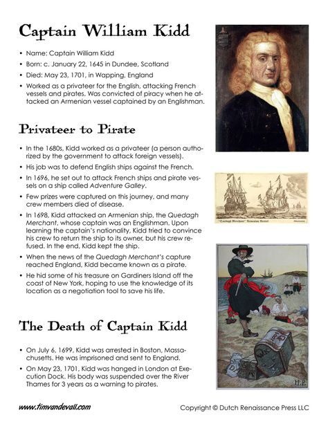 William Kidd | Captain William Kidd Facts for Kids – Tim's Printables Social Studies Printables, William Kidd, Pieces Facts, Captain Kid, Billy Kidd, Pirate History, Famous Pirates, Pirate Activities, Pirate Books