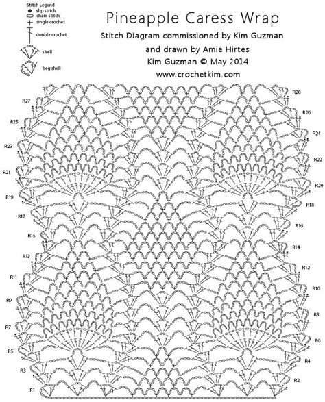 Pineapple Caress Chart - CrochetKim.com - Free Crochet Pattern. Follow to text instructions also. Crochet Materials, Virkning Diagram, Crochet Lace Scarf, Crochet Pineapple, Crochet Shawl Diagram, Crochet Stitches Chart, Crochet Stitches Diagram, Pineapple Crochet, Crochet Shawls And Wraps