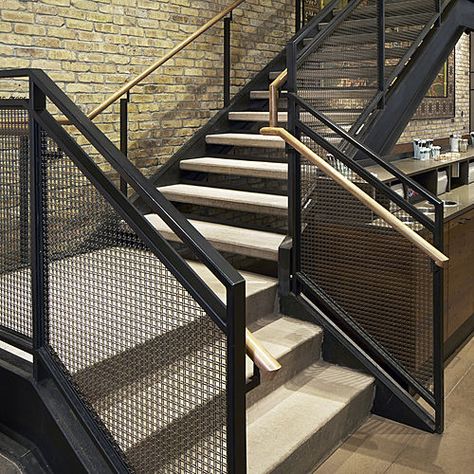 images of contemporary wire mesh stair railings - Google Search Industrial Stairs Railing, Industrial Stairs Design, Metal Balustrade, Industrial Staircase, Industrial Stairs, Stair Railing Design, Metal Stairs, Stair Handrail, Lan Can