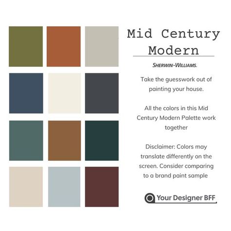 Mid Century Modern Palette Sherwin Williams Paint Scheme | Etsy Israel Split Contemporary Color Scheme, Bedroom Airy, Tuscan Color Palette, Sherwin Williams Paint, Interior Design Paint, Mid Century Colors, Mid Century Modern Colors, Scheme Color, Mid Century Modern Interior Design