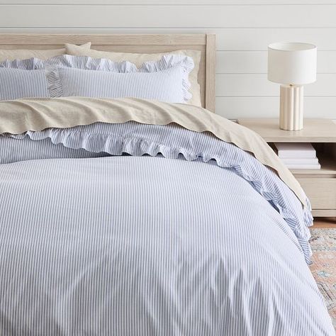 Teen Girls Bedding & Bedding Sets | Pottery Barn Teen East Coast Aesthetic Bedroom, East Coast Bedroom, Stripe Duvet Cover, Ruffle Duvet, College House, Striped Bedding, Blue Duvet, Striped Duvet