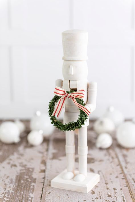 White And Gold Nutcracker Diy, Elegant Nutcracker Christmas, Nutcracker Christmas Wreath Diy, Diy Paint Nutcracker, Modern Nutcracker Christmas, Black And White Nutcracker Christmas, Diy Crate And Barrel Hacks, Diy Painted Nutcracker Ideas, Hobby Lobby Nutcracker Diy