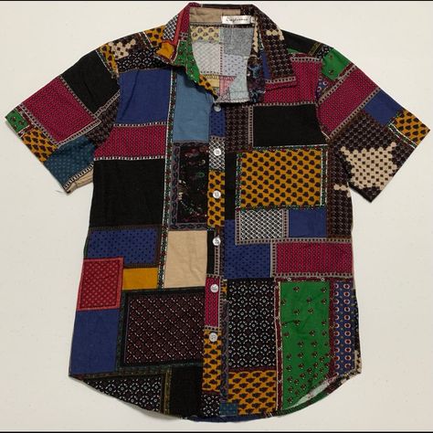 Amazing Patchwork-Like Button Down Shirt. Tagged Size Large, But More Like A Men’s Small!! Would Be An Amazing Shirt To Wear Tied Into A Crop Top Short Sleeve Men’s Small All Buttons Intact Measurements: Top Of Collar To Bottom Of Shirt: 27 1/4” Shoulder To Shoulder: 15” Arm Hole: 6 5/8” Hip Aesthetic, Husband Clothes, Non Binary Fashion, Pendleton Flannel, Crop Top Short Sleeve, Cream Shirt, Cool Buttons, Pinstripe Dress, Sleeve Men