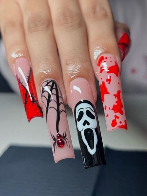 ghost face and blood long halloween acrylic nails Halloween Nail Design, Spooky Manicure, Practice Nails, Nail Design 2023, Hallowen Party, No Tricks Just Treats, Horror Nails, Holloween Nails, Halloween Acrylic