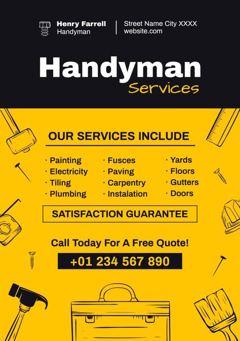 Handyman Services Flyer, Handyman Flyer, Handyman Quotes, Handyman Logo, Handyman Business, Unique Business Names, Free Doodles, Property Maintenance, Make A Flyer