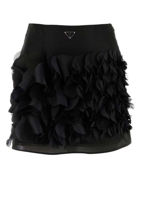 Women's Prada Mini Skirt - Black - Mini skirts Silk Mini Skirt by Prada, iconic enameled triangular plaque with brand signature applied on the front, concealed side zipper closure, three-dimensional floral details and feathers made of silk embossed on the front panel. 100% Silk. Made in Italy. Plain. New with tags. Black Silk Mini Skirt, Prada Clothes, Prada Skirt, Flannel Skirt, Prada Mini, Silk Mini Skirt, Black Flannel, Black Mini Skirt, Global Style