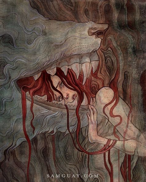 🍄 Sam Guay 🍄 on Instagram: “TENDER, 2014 (cropped)⁠ ⁠ I now have prints available of this fan favorite painting! It's also available as a silk altar cloth, which can…” Samar, Abstract Wolf, Hood Wallpapers, Blood Art, Wolf Drawing, Cosmic Horror, Diy Watercolor, Wolf Art, Ethereal Art