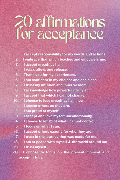 Daily affirmations for women Empowering list of quotes Affirmations for radical acceptance, self-acceptance, embracing who you are, mindfulness, self-love, positive self-talk, inner peace, mental health, personal growth, self-improvement, healing, manifestation, spirituality Mantras For Acceptance, Empowering Self Love Quotes, Self Healing Exercises, Inner Peace Affirmations, Self Acceptance Affirmations, Radical Self Acceptance, Daily Affirmations Mental Health, Radical Acceptance Quotes, Self Love Affirmation Quotes For Women